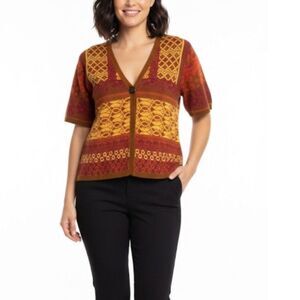 Coldwater Creek Gold Burgundy Orange Boho Patterned Elbow Sleeve Cardigan Size M